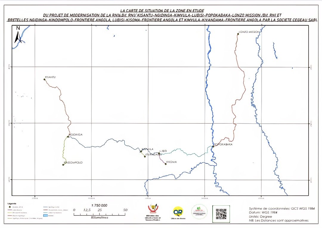 Carte du Projet RN16 – KISANTU à la frontière Angola